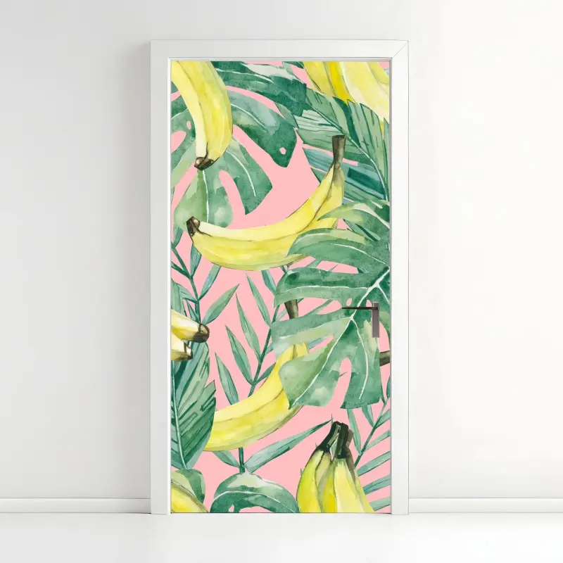 Türaufkleber aquarell-bananen und blättermuster auf rosa hintergrund