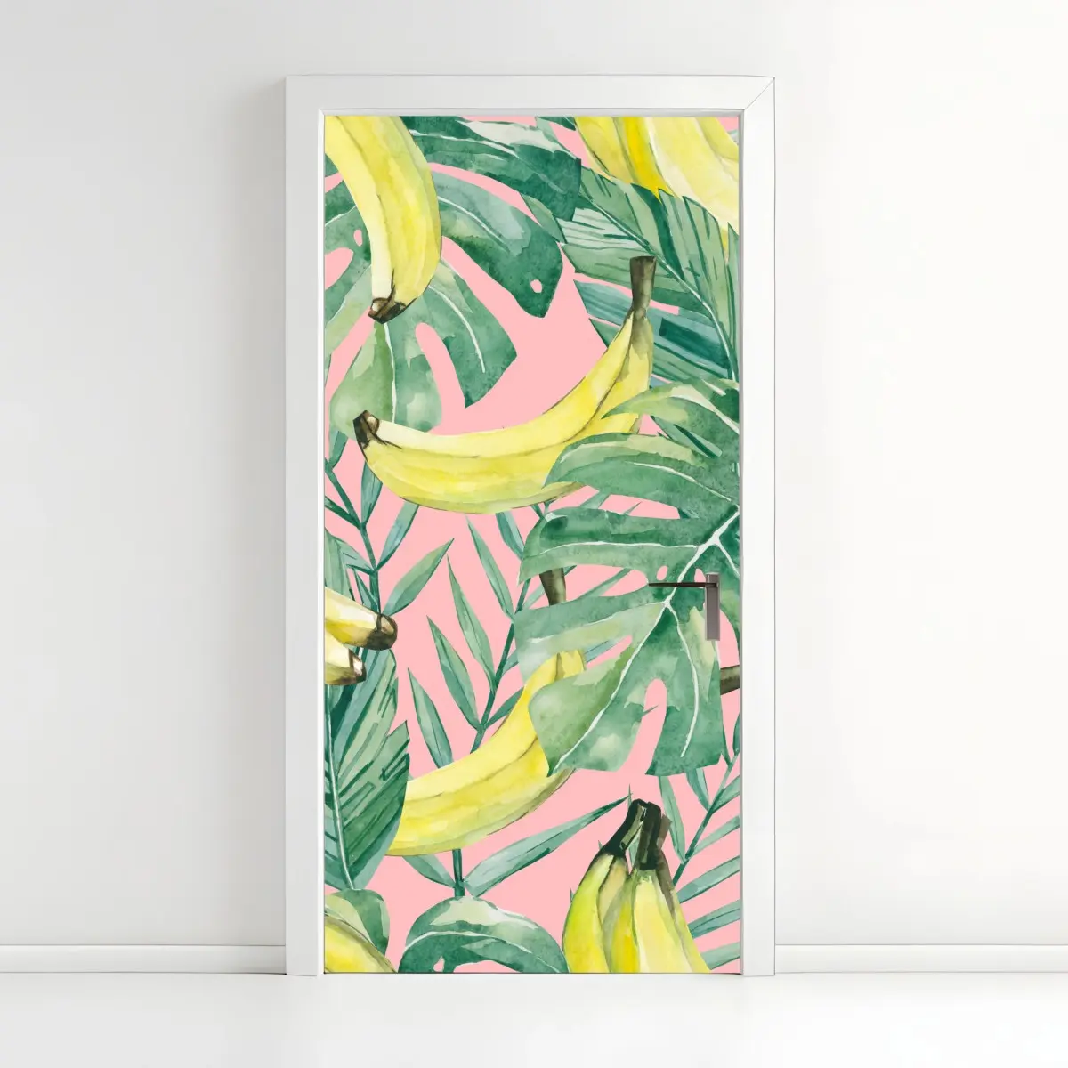 Türaufkleber aquarell-bananen und blättermuster auf rosa hintergrund – Pixers®