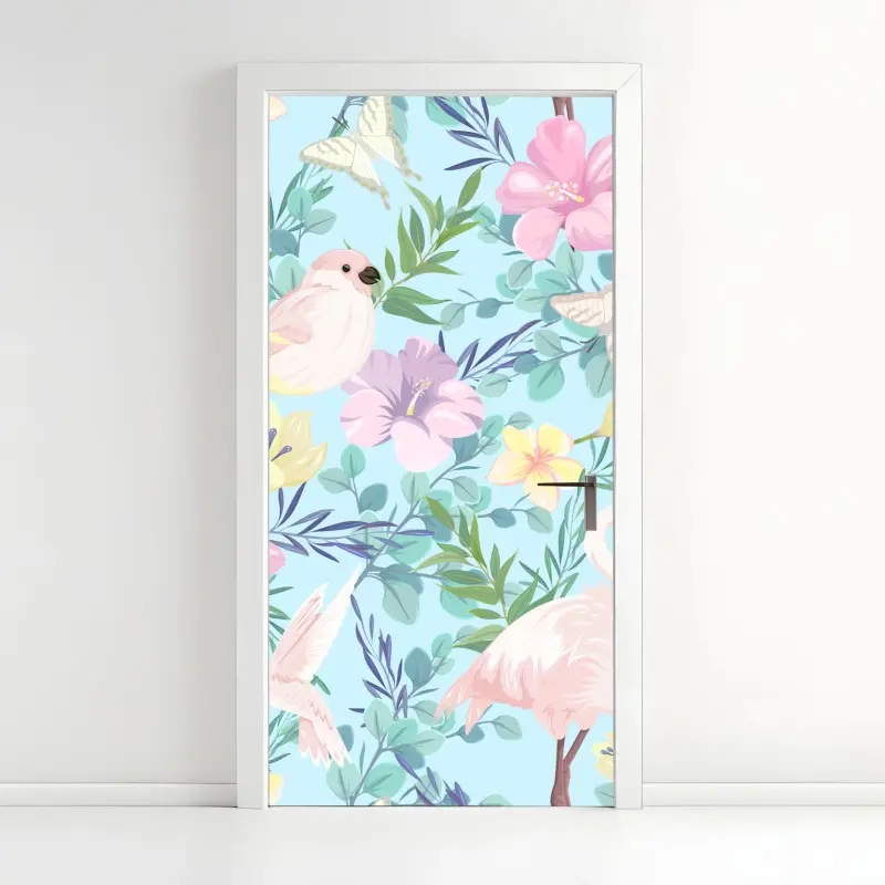 Türaufkleber pastell tropisches vögel- und blumenmuster