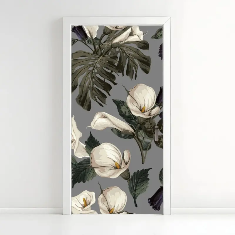 Türaufkleber vintage calla blumenmuster auf grauem hintergrund