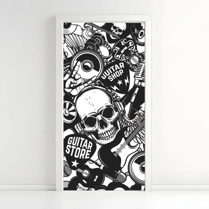 Türaufkleber rock-collage mit schädel und gitarre