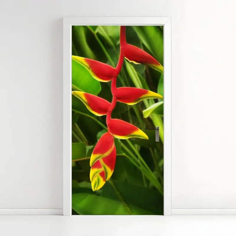 Türaufkleber leuchtende heliconia im tropischen laub