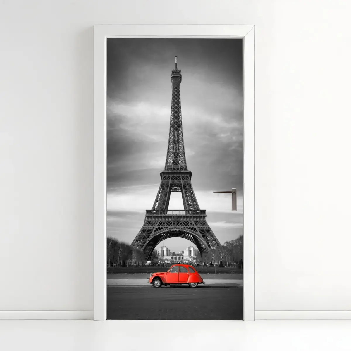 Türaufkleber Eiffelturm mit rotem vintage-auto – Pixers®