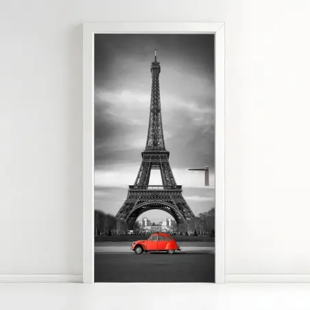 Türaufkleber Eiffelturm mit rotem vintage-auto – Pixers®