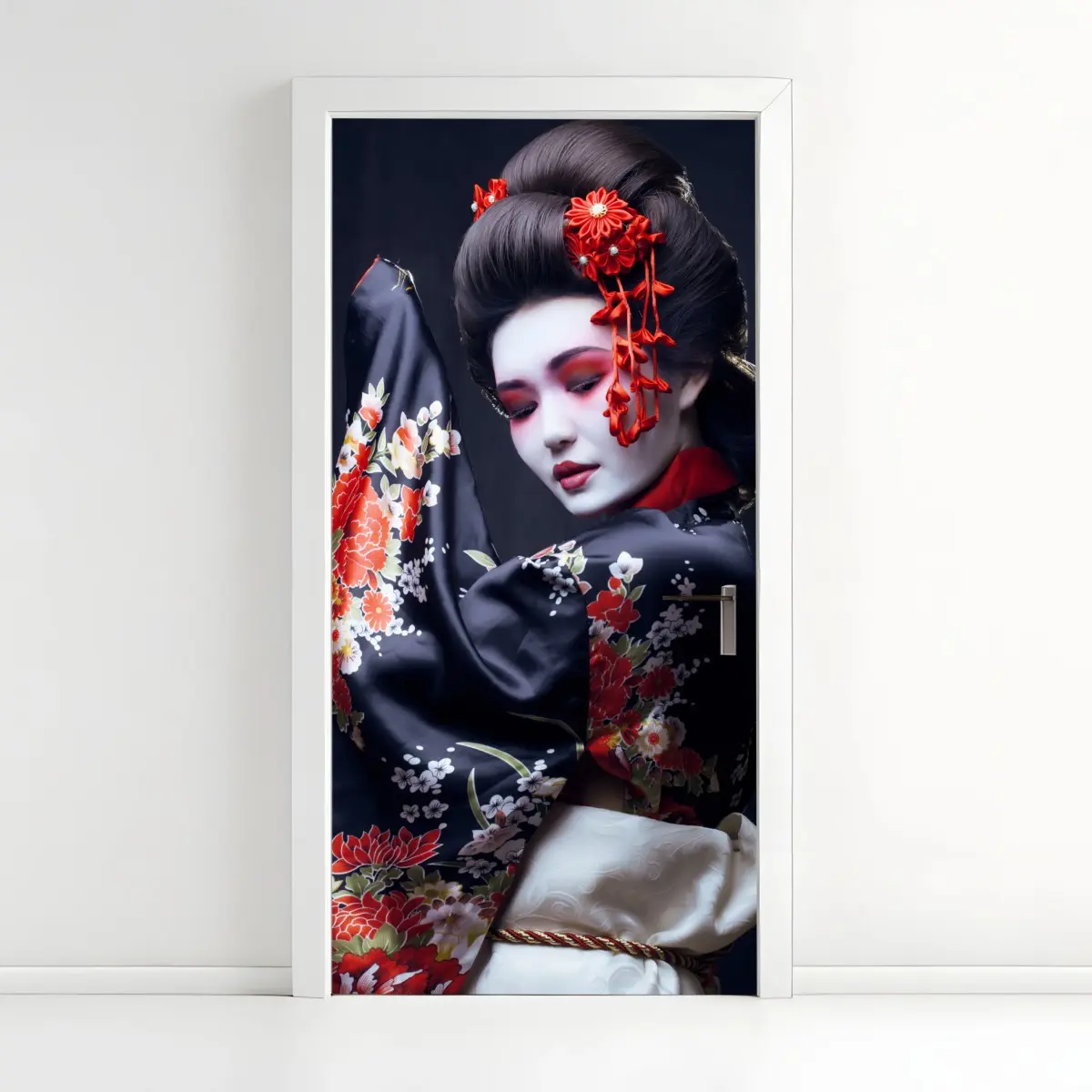 Türaufkleber elegantes geisha-porträt in rotem und schwarzem kimono – Pixers®