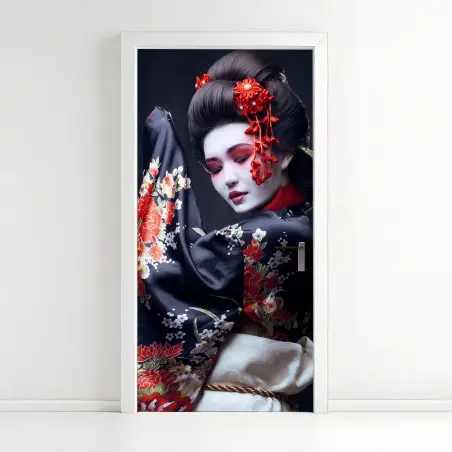 Türaufkleber elegantes geisha-porträt in rotem und schwarzem kimono – Pixers®
