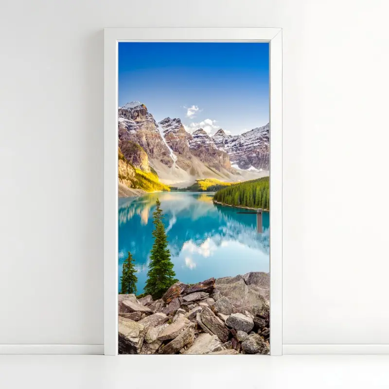 Türaufkleber sonnenbeschienenes Moraine Lake bergpanorama