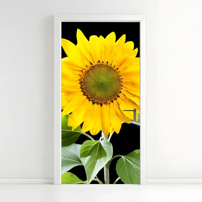 Türaufkleber leuchtende sonnenblume vor schwarzem hintergrund