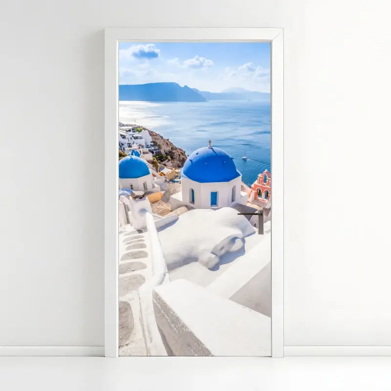 Türaufkleber sonniges Santorini blaue kuppeln und meerblick