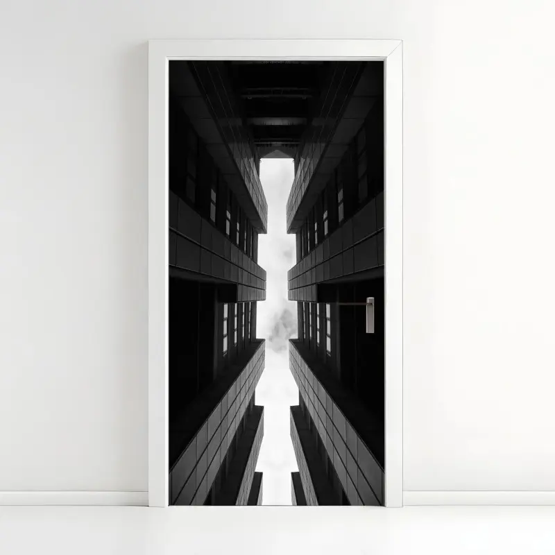 Türaufkleber vertikale städtische symmetrie in monochrom
