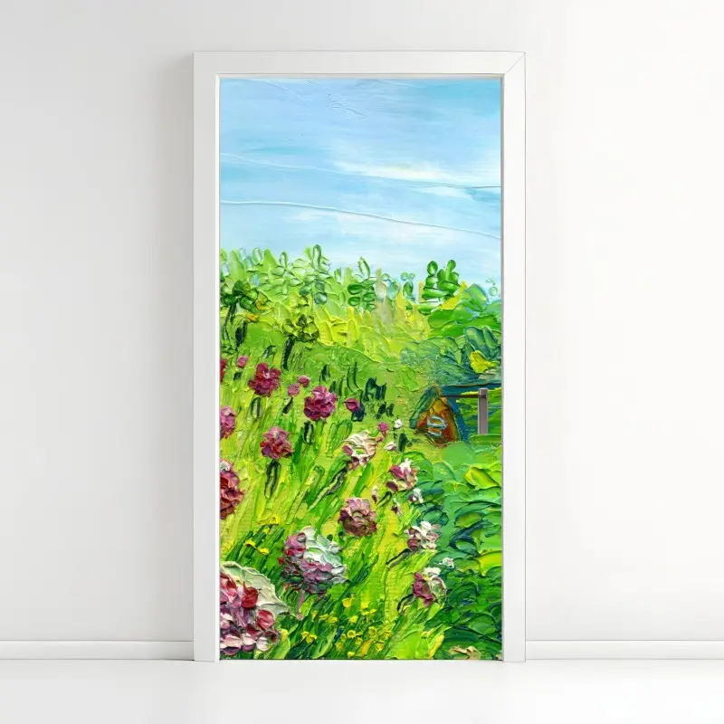Türaufkleber pfingstrosenwiese im frühling — impasto blumenbild