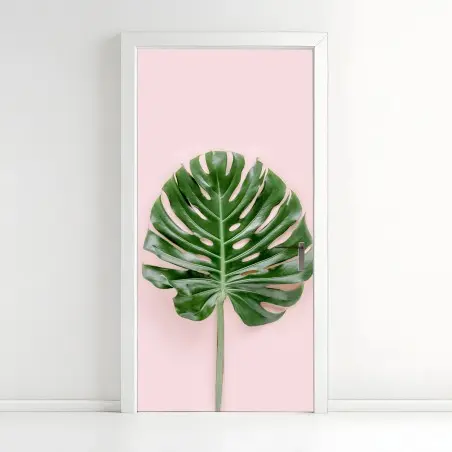 Türaufkleber monstera-blatt auf pastell-rosa hintergrund – Pixers®