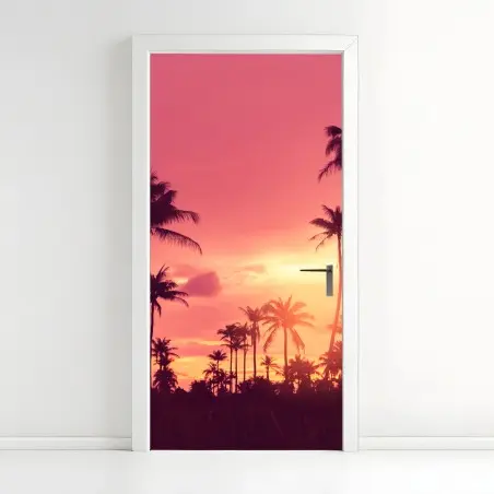 Türaufkleber rosa tropischer sonnenuntergang mit palmen – Pixers®