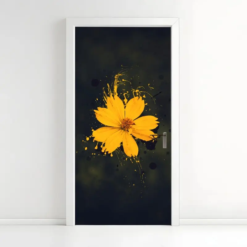 Türaufkleber leuchtende gelbe blüte auf dunklem hintergrund