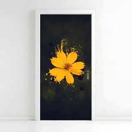 Türaufkleber leuchtende gelbe blüte auf dunklem hintergrund – Pixers®