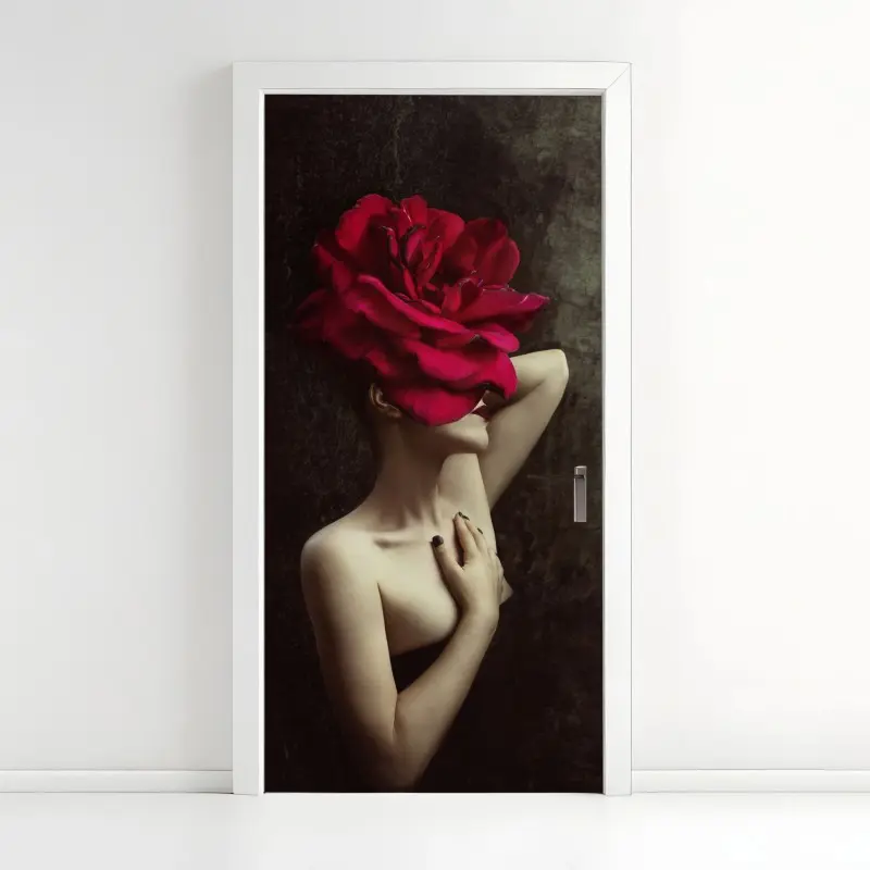 Türaufkleber frau mit rosenkopf surreales blumenporträt