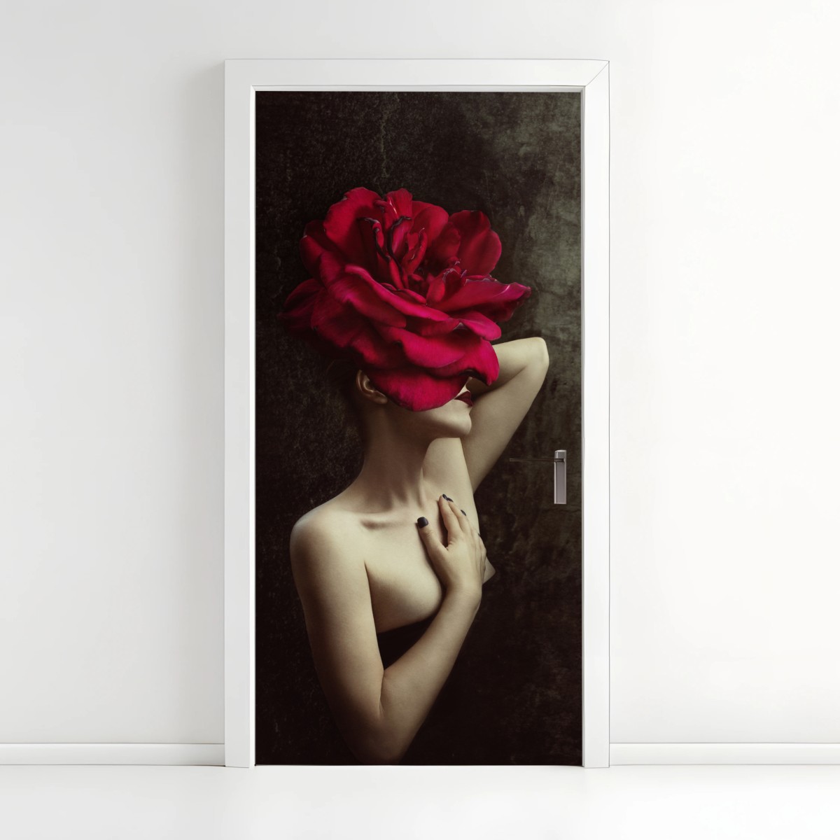 Türaufkleber frau mit rosenkopf surreales blumenporträt – Pixers®
