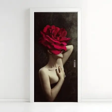 Türaufkleber frau mit rosenkopf surreales blumenporträt – Pixers®