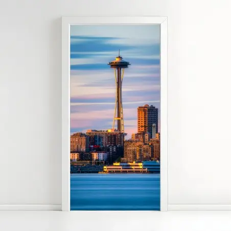 Türaufkleber Seattle skyline mit dem Space Needle bei Sonnenuntergang – Pixers®