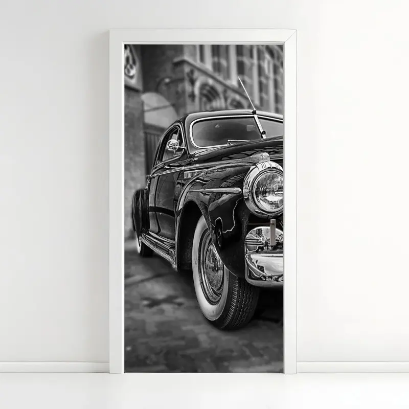 Türaufkleber vintage klassisches auto auf kopfsteinpflaster