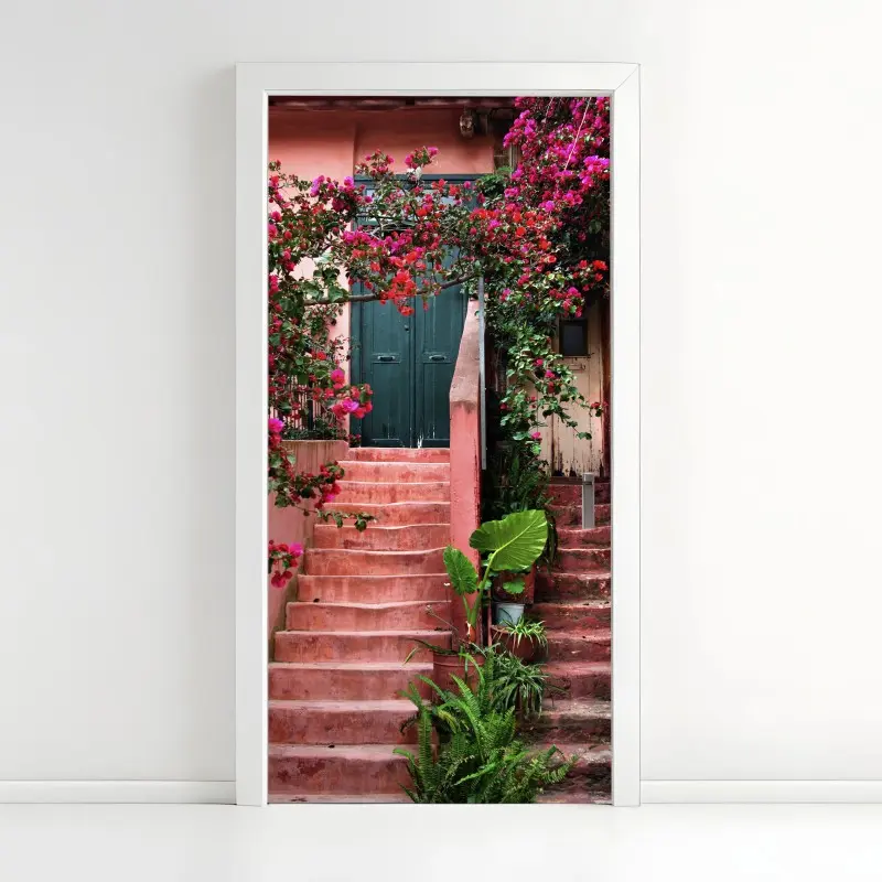 Türaufkleber treppe mit bougainvillea und grünen pflanzen