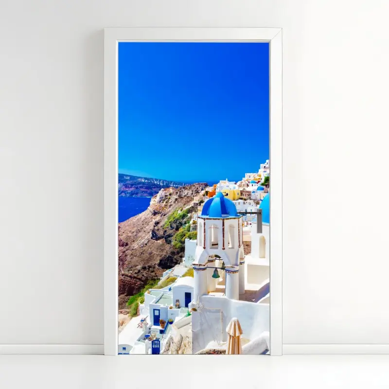 Türaufkleber Santorini blaue kuppeln über dem Ägäischen Meer