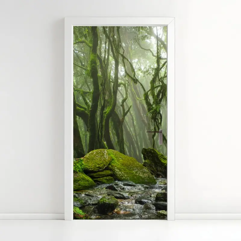 Türaufkleber moosiger wald mit bach im nebel