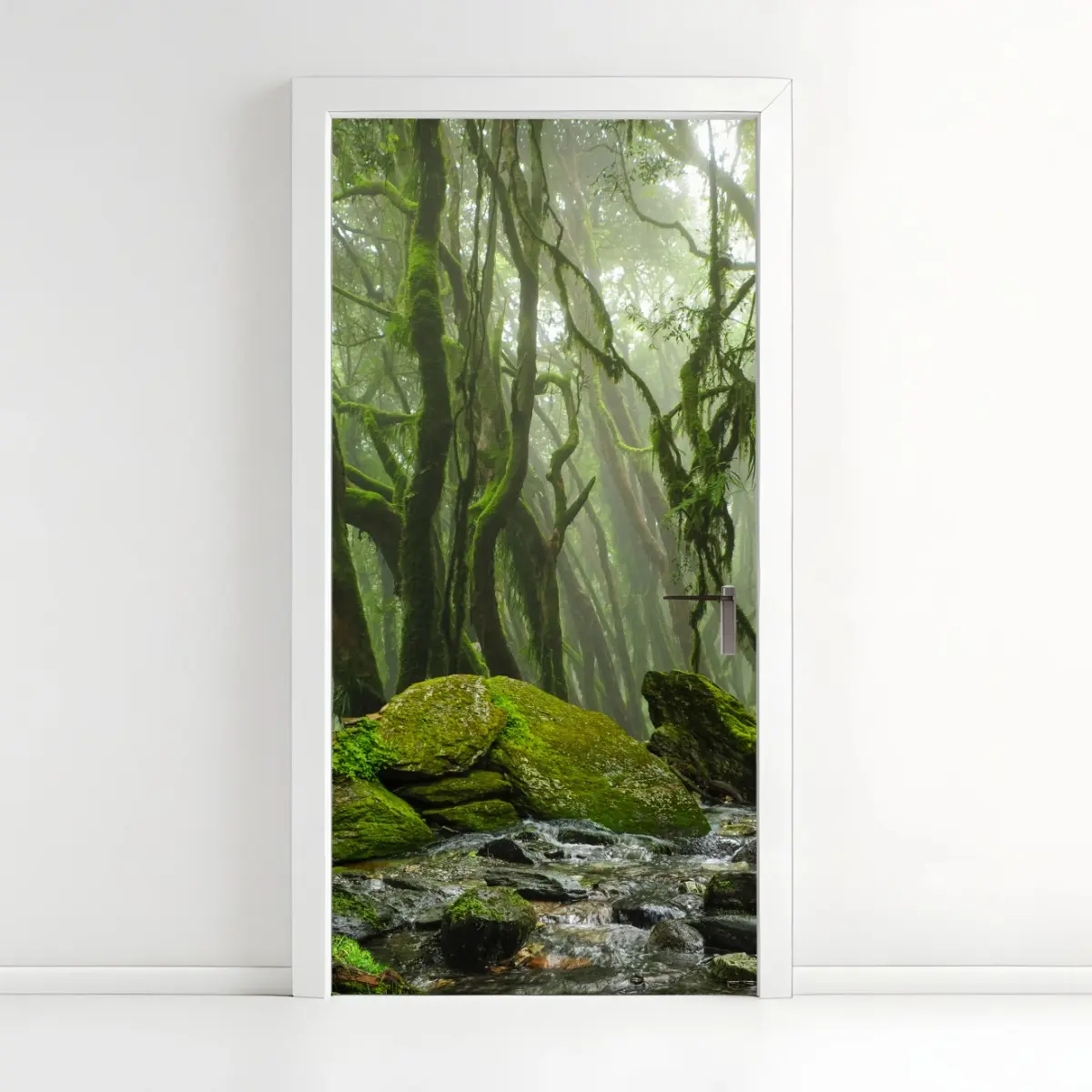 Türaufkleber moosiger wald mit bach im nebel – Pixers®