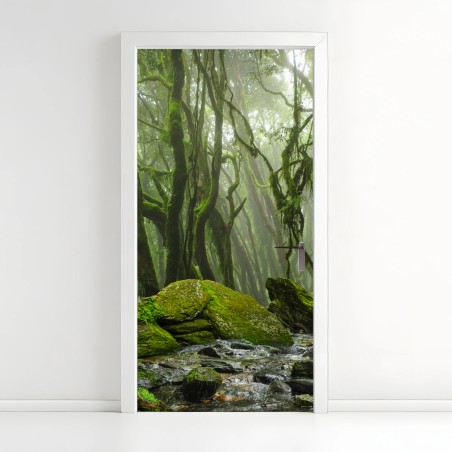 Türaufkleber moosiger wald mit bach im nebel – Pixers®