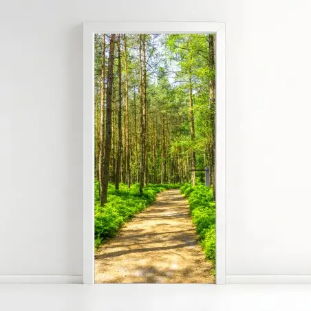 Türaufkleber sonniger waldweg zwischen kiefern – Pixers®