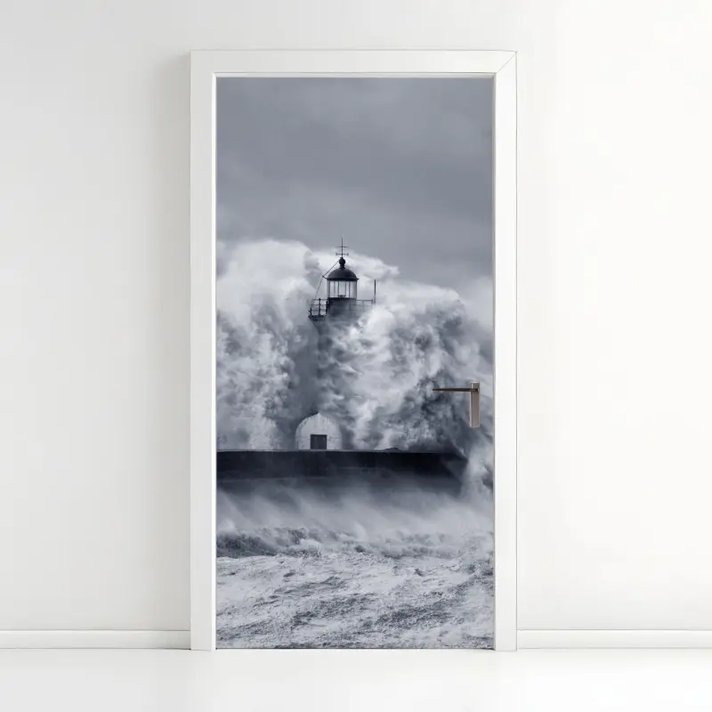 Türaufkleber leuchtturm von mächtigen wellen umgeben