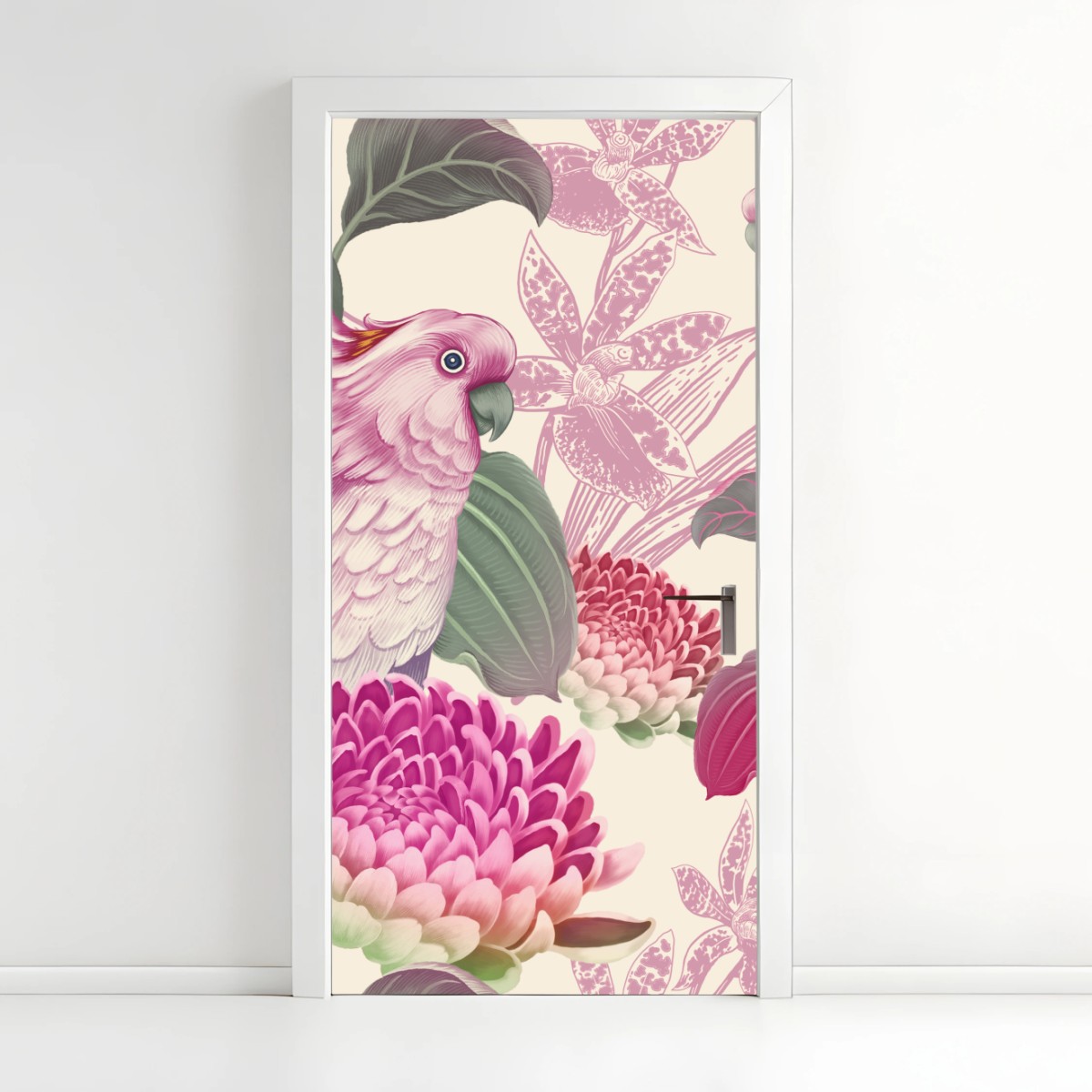 Türaufkleber rosa papagei und chrysantheme - botanisches motiv – Pixers®