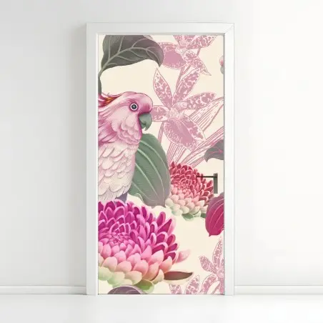 Türaufkleber rosa papagei und chrysantheme - botanisches motiv – Pixers®