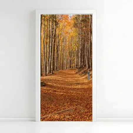 Türaufkleber herbstlicher waldweg mit goldenen blättern – Pixers®