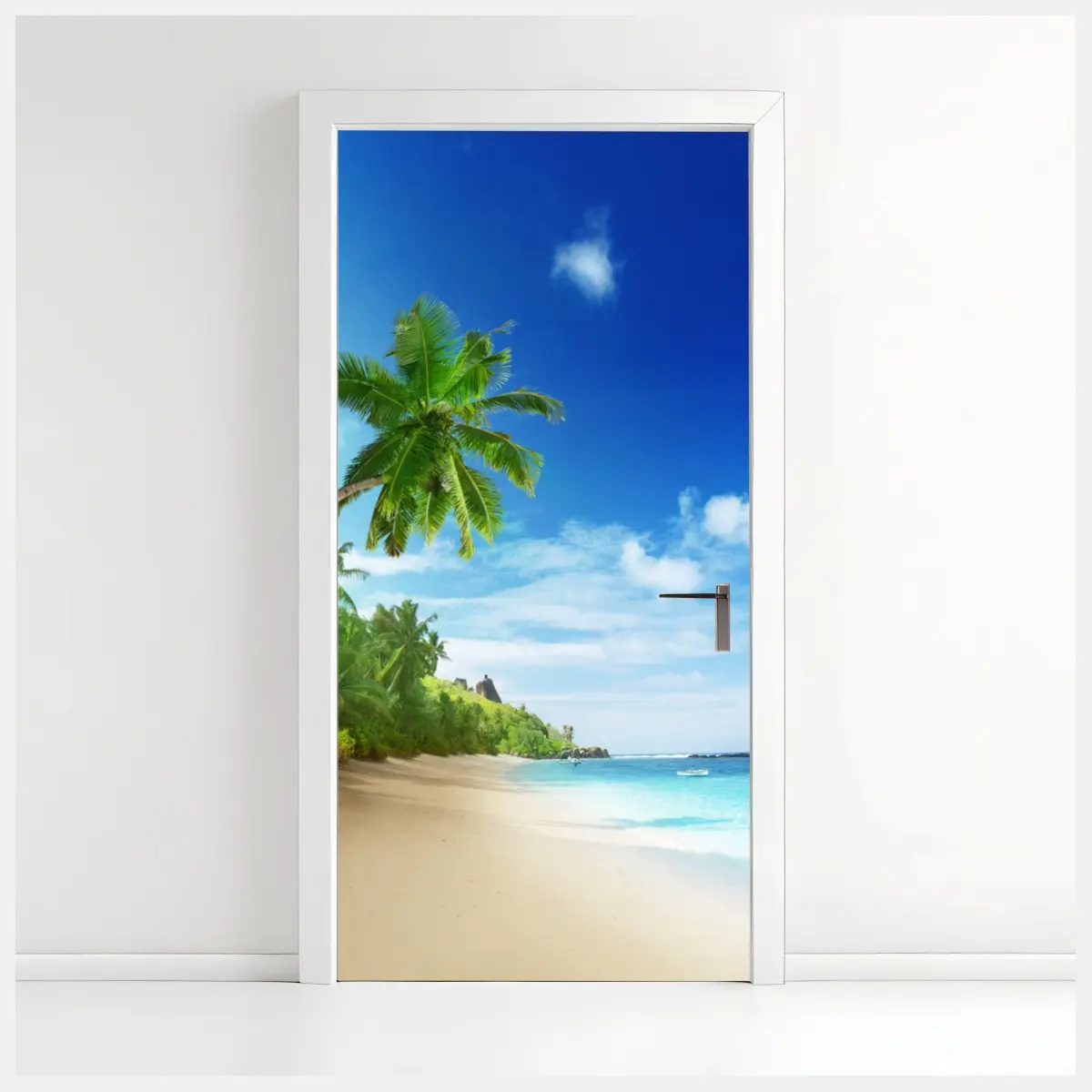 Türaufkleber sonnenuntergang am strand von Mahe, Seychellen – Pixers®