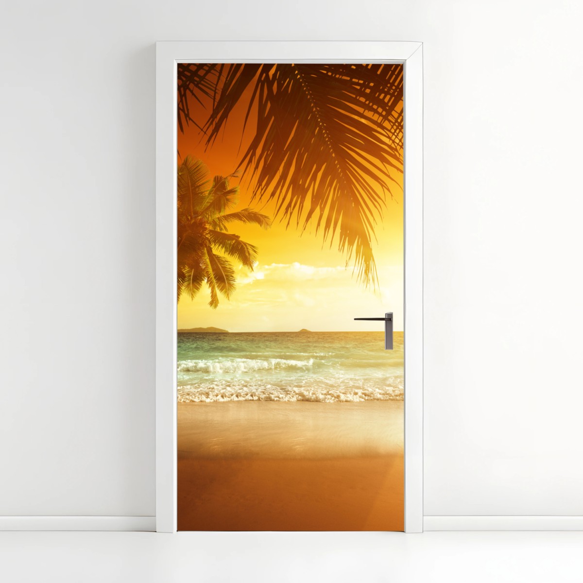 Türaufkleber goldener sonnenuntergang an einem strand in der Karibik – Pixers®