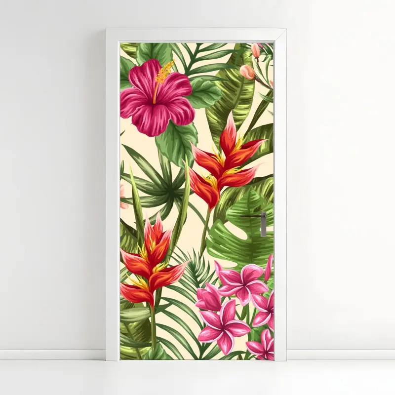 Türaufkleber tropisches blumenmuster mit hibiskus und plumeria