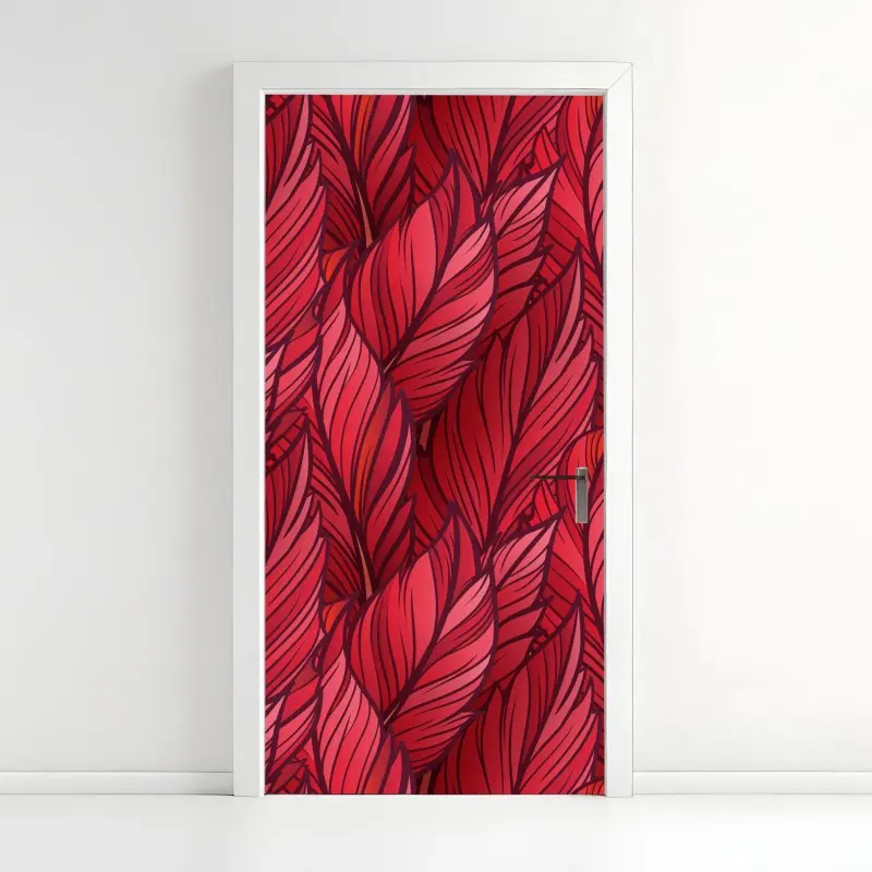 Türaufkleber rotes botanisches blättermuster