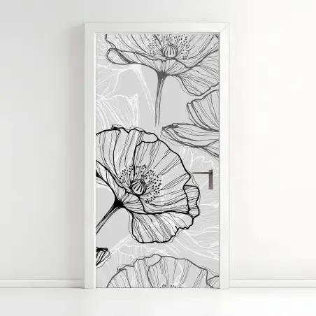Türaufkleber zarter grauer mohn in linienzeichnung – Pixers®