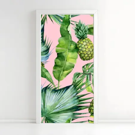 Türaufkleber tropisches ananas- und blattmuster in aquarell auf rosa hintergrund – Pixers®