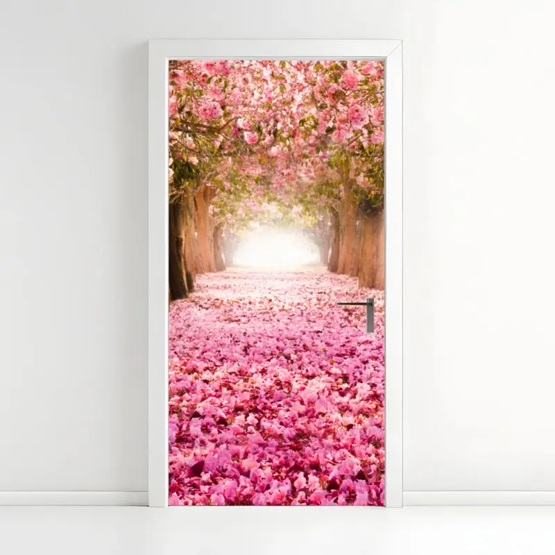Türaufkleber rosa blütenallee unter kirschbäumen
