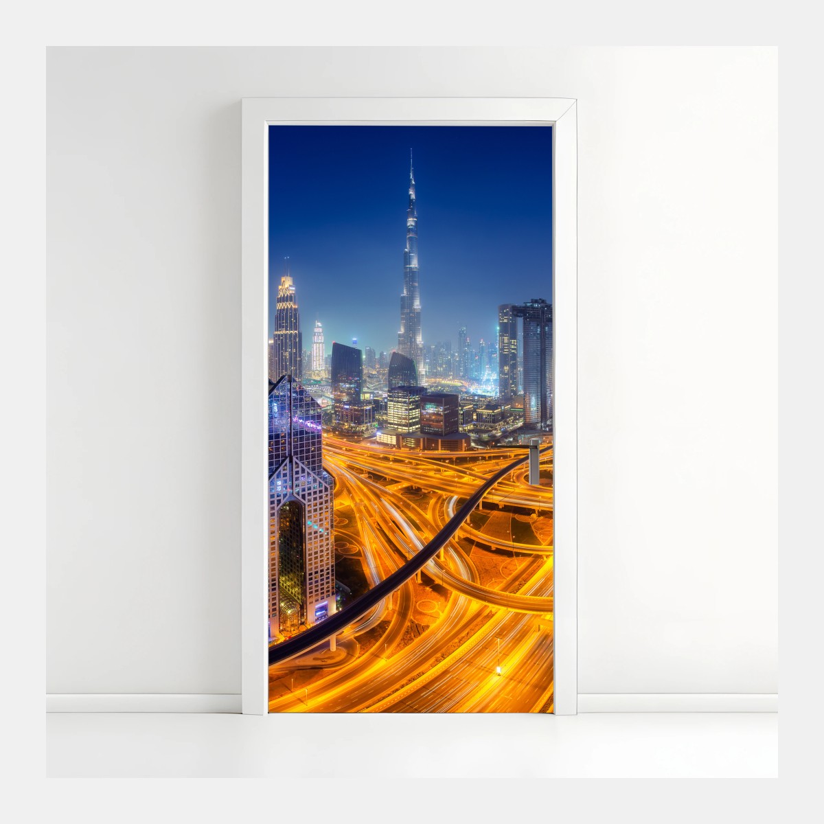 Türaufkleber panorama der nächtlichen skyline von Dubai – Pixers®