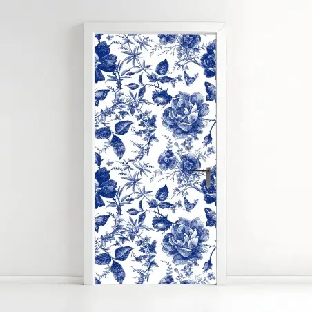 Türaufkleber blaues blumen toile-muster – Pixers®