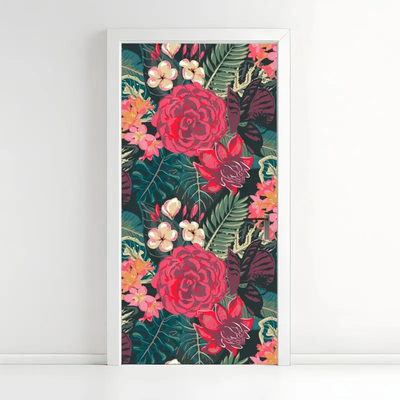 Türaufkleber tropisches blumenmuster in rosa und türkis