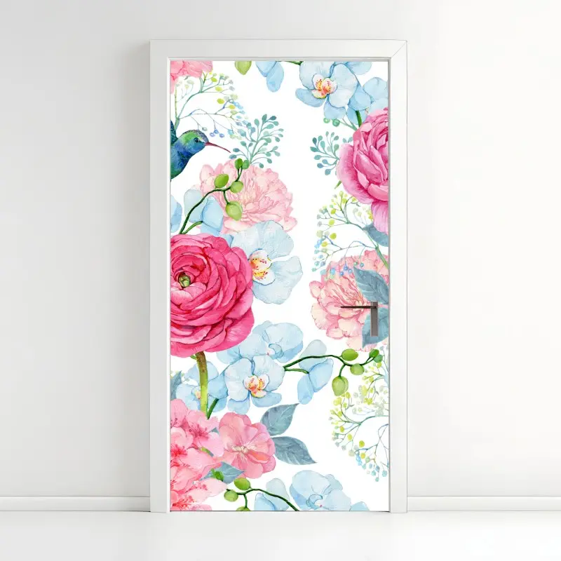Türaufkleber rosa aquarell blumengarten mit kolibri