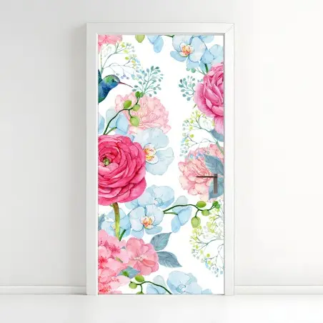 Türaufkleber rosa aquarell blumengarten mit kolibri – Pixers®