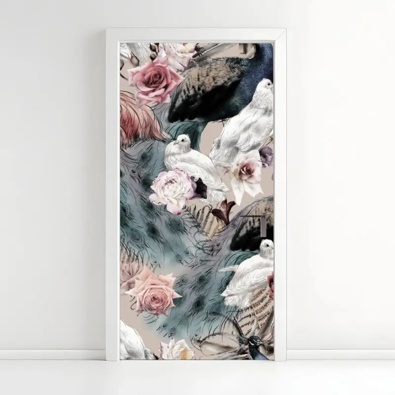 Türaufkleber aquarellmuster mit vögeln und rosen