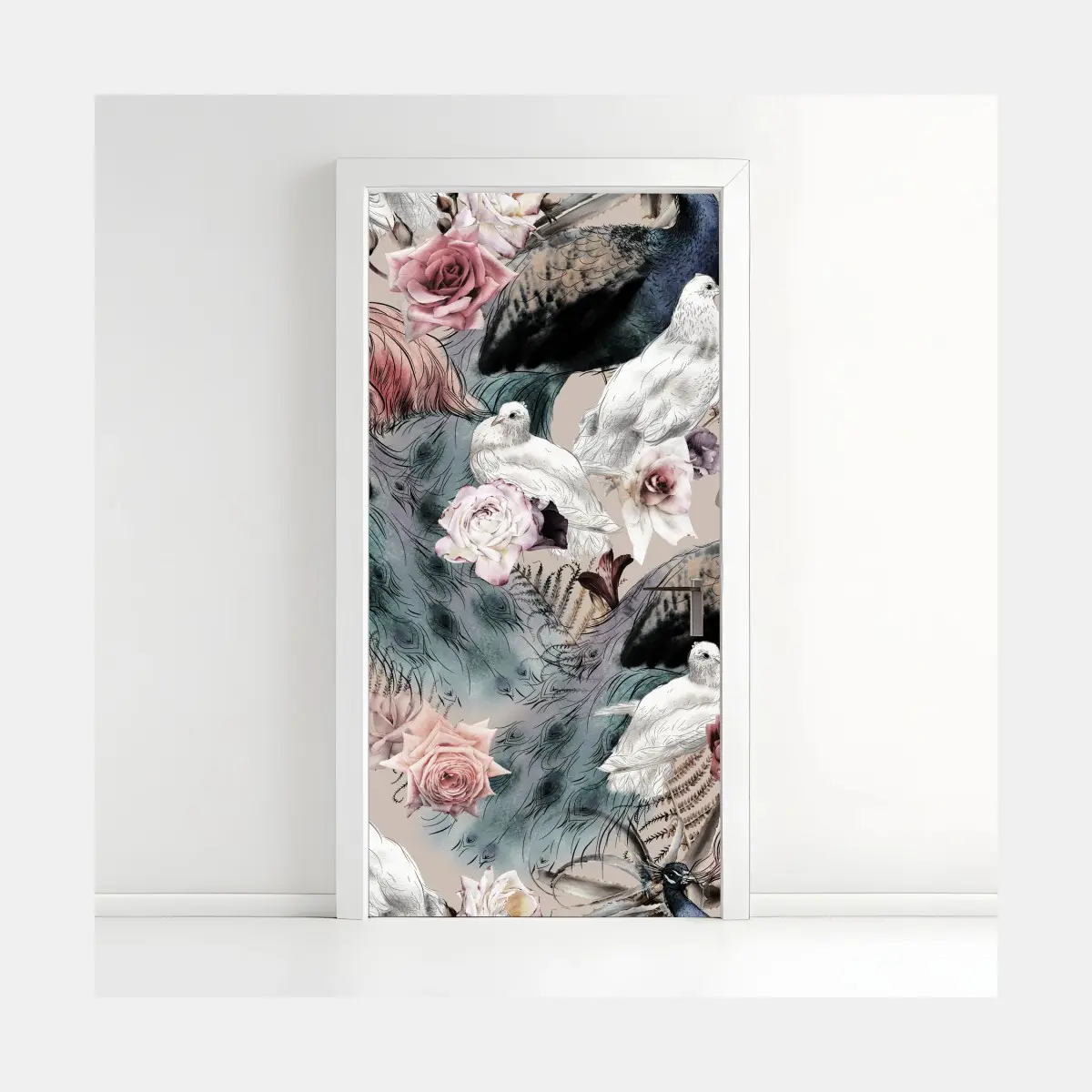 Türaufkleber aquarellmuster mit vögeln und rosen – Pixers®