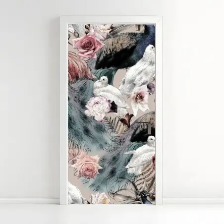 Türaufkleber aquarellmuster mit vögeln und rosen – Pixers®