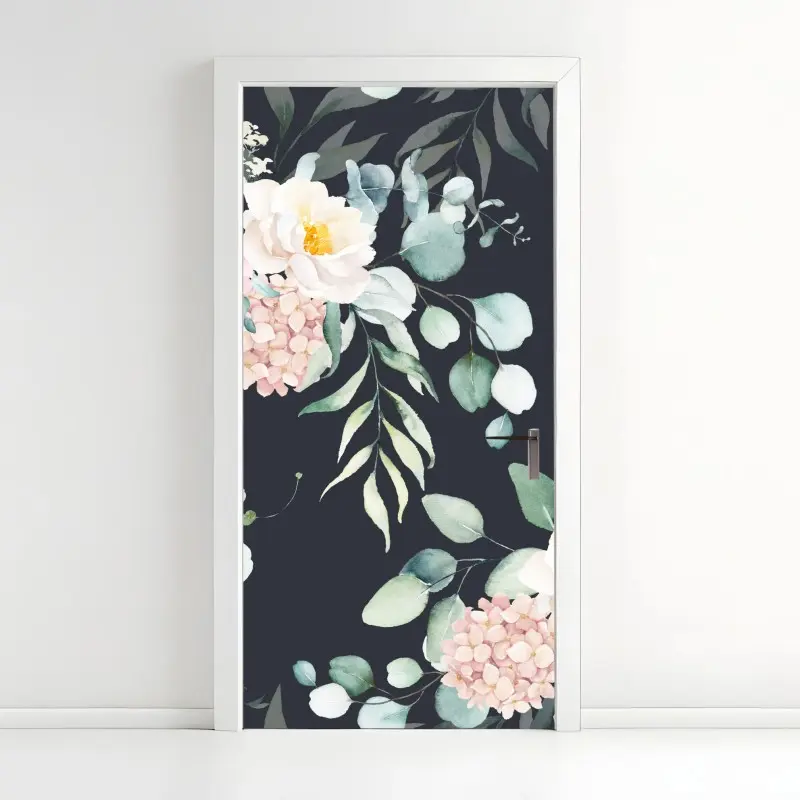 Türaufkleber elegantes aquarell-blumenmuster auf dunklem hintergrund